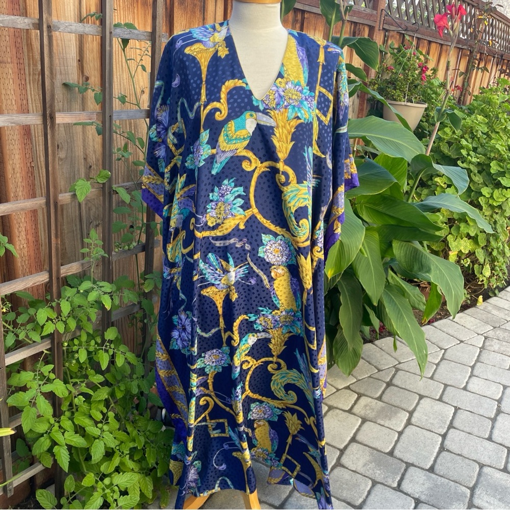 VTG Ruth Norman NY Maxi Caftan One Size Blue Gold Turquoise Tropical Birds Boho
